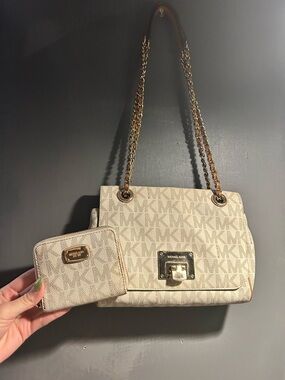 Michael Kors Cream-Beige MK Logo Chain-Handle Shoulder Bag with Matching Wallet
